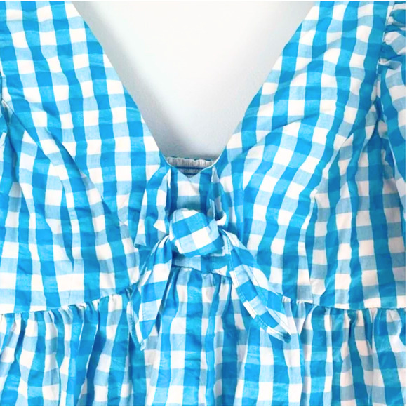 New LILLY PULITZER Sarafina Crinkled Bow Gingham Puff Sleeve Top Turquoise Oasis - Picture 6 of 10